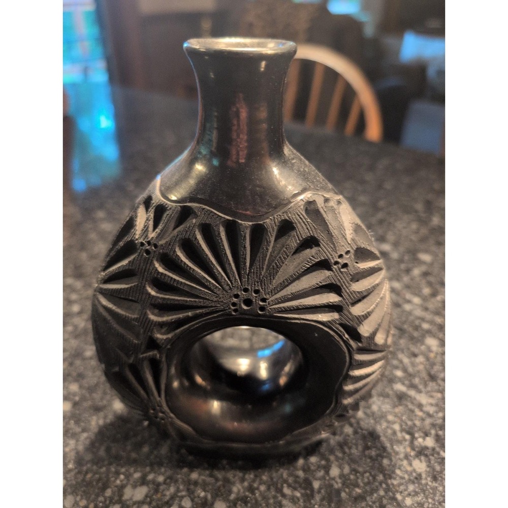 Oaxacan 8" Art Pottery Barro Negro Vase Mexico Hand Carved Black Clay Unique